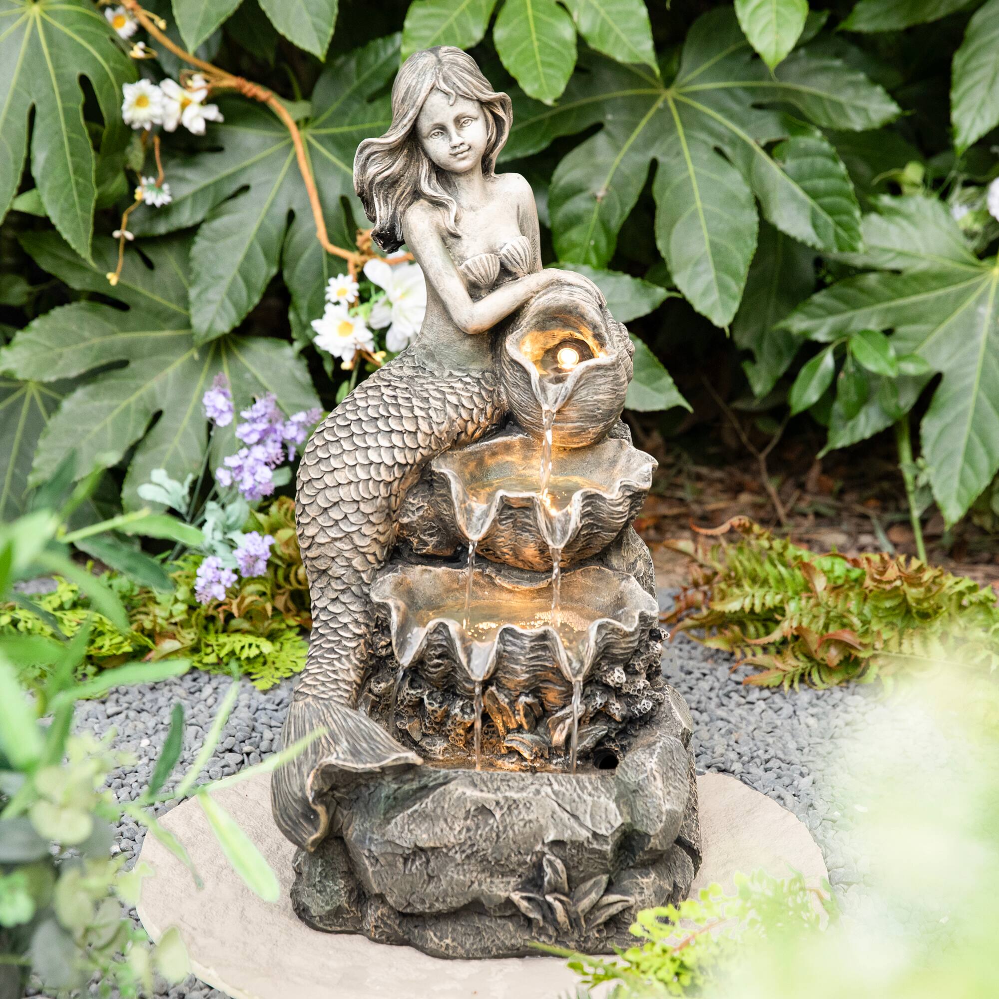 Glitzhome® 22.25" LED 4-Tier Concrete Mermaid Outdoor Fountain